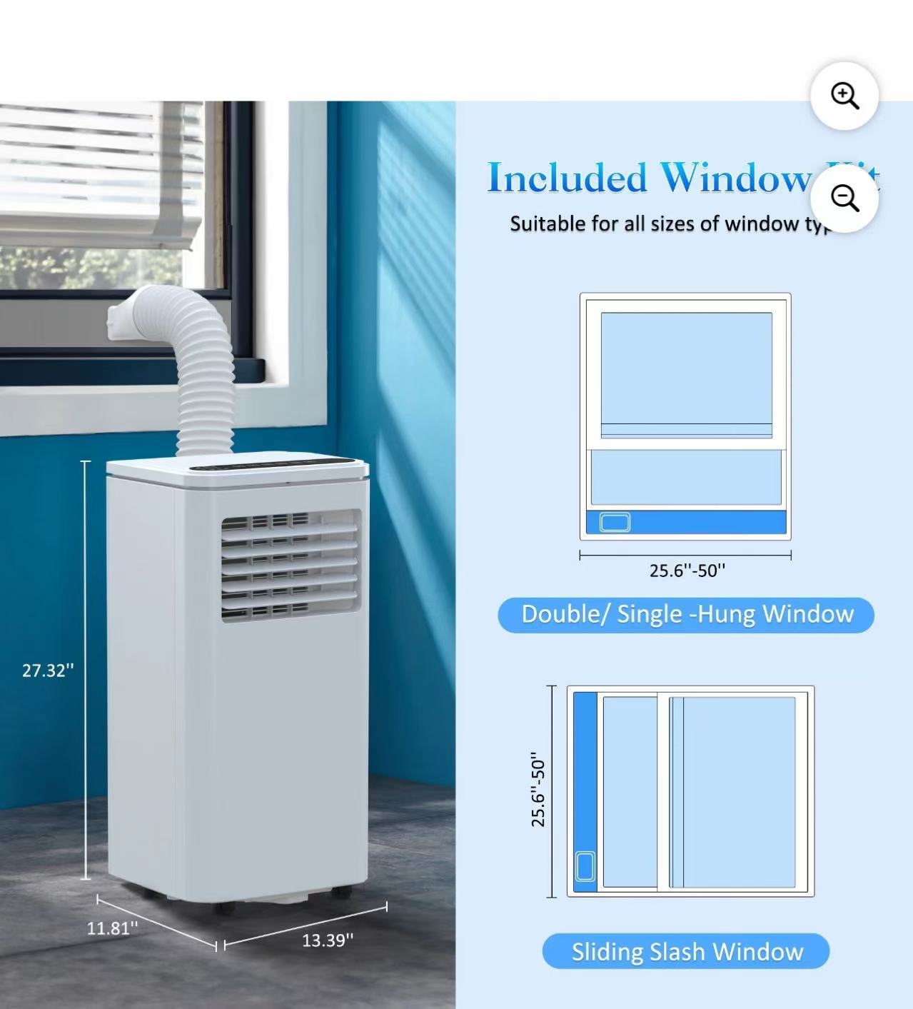 Portable Air Conditioner 8000BTU With 24H Timer, Window Kit,Remote Control,Dehumidifier for up to 250 Sq.Ft