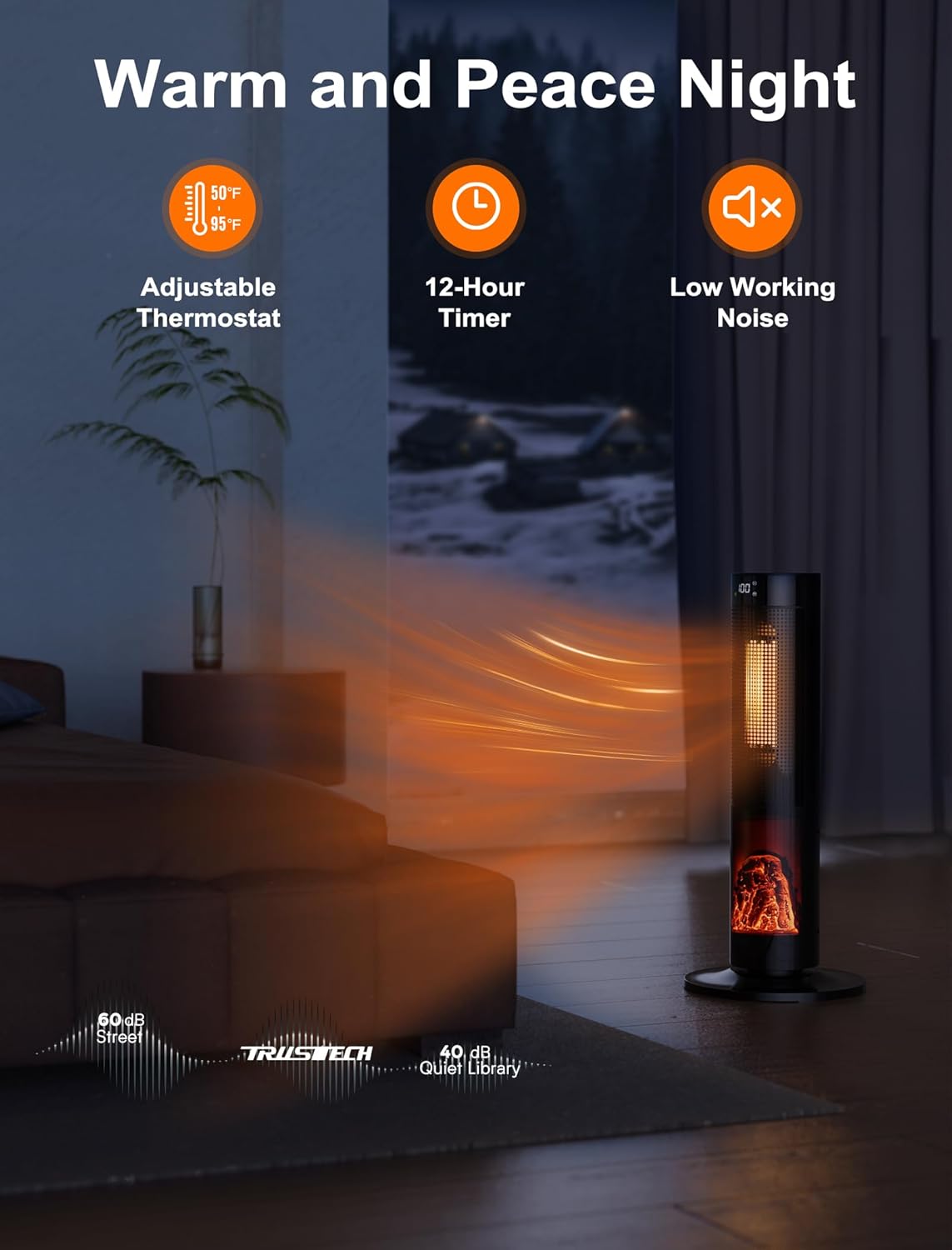 TRUSTECH 26" Tower Space Heater, 1500W Electric Space Heater for Large Room, Thermostat & 3 Modes, 60° Oscillation, 12H Timer, Safe and Quiet Space Heater for Indoor Use, Ceramic Heaters with Remote