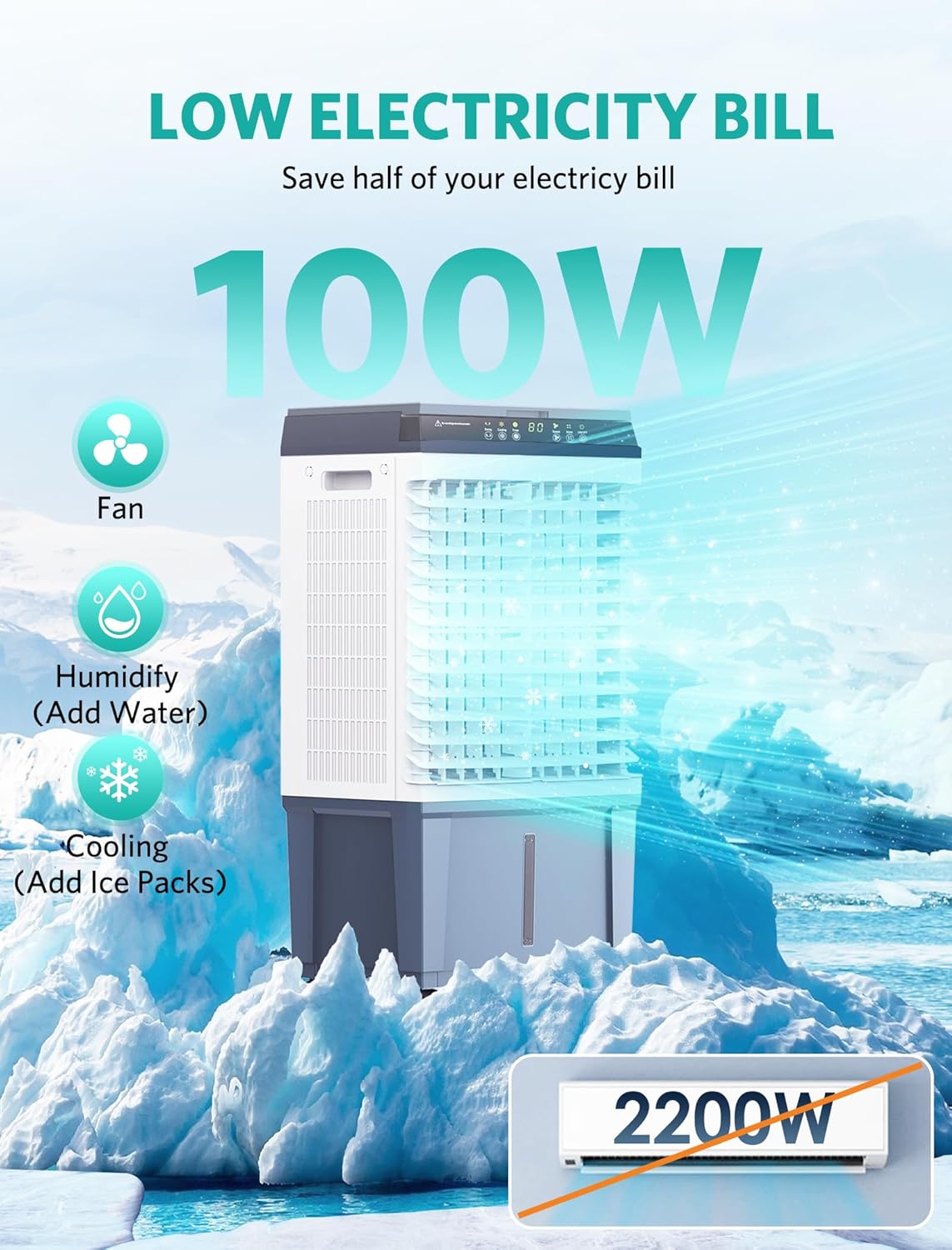 Ecotronic Swamp Cooler, 3-in-1 Evaporative Air Cooler 1800CFM with 12H Timer, Remote Control, 4 Ice Packs & 5.3 Gal Water Tank, 110° Oscillation, 3 Speeds, for Outdoor & Indoor Use