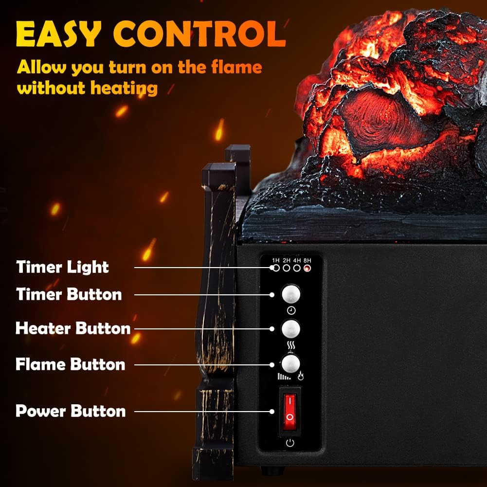 Electric Fireplace Log Set Heater, 21 Inch, with Remote Control, 8H Timer, Realistic Flame,Black, New