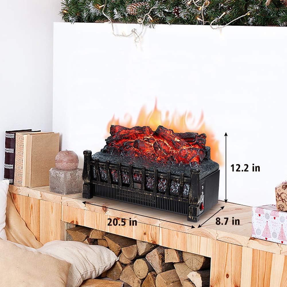Electric Fireplace Log Set Heater, 21 Inch, with Remote Control, 8H Timer, Realistic Flame,Black, New