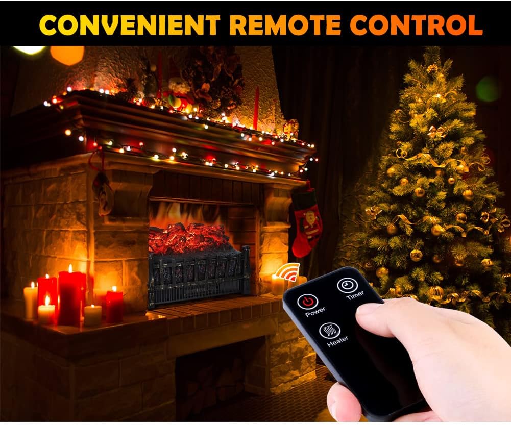 Electric Fireplace Log Set Heater, 21 Inch, with Remote Control, 8H Timer, Realistic Flame,Black, New