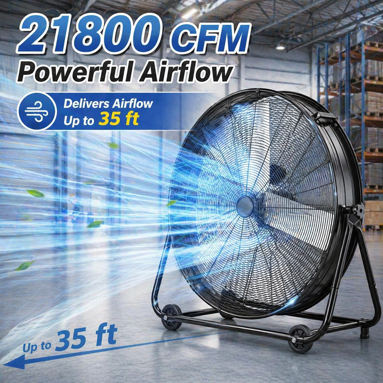 36" Industrial Drum Fan, 21800 Cfm High Velocity Floor Fan with 3 Speeds, 360° Tilt, Heavy Duty Metal, Portable with Wheels & Handle for Warehouse, Garage, Workshop, Patio