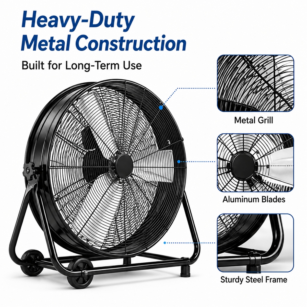 36" Industrial Drum Fan, 21800 Cfm High Velocity Floor Fan with 3 Speeds, 360° Tilt, Heavy Duty Metal, Portable with Wheels & Handle for Warehouse, Garage, Workshop, Patio