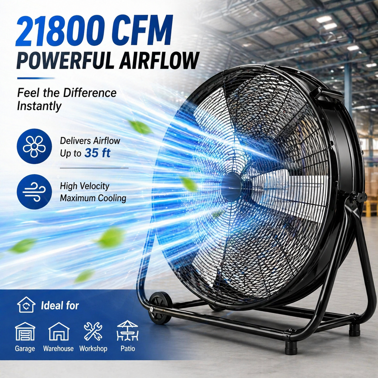 36" Industrial Drum Fan, 21800 Cfm High Velocity Floor Fan with 3 Speeds, 360° Tilt, Heavy Duty Metal, Portable with Wheels & Handle for Warehouse, Garage, Workshop, Patio