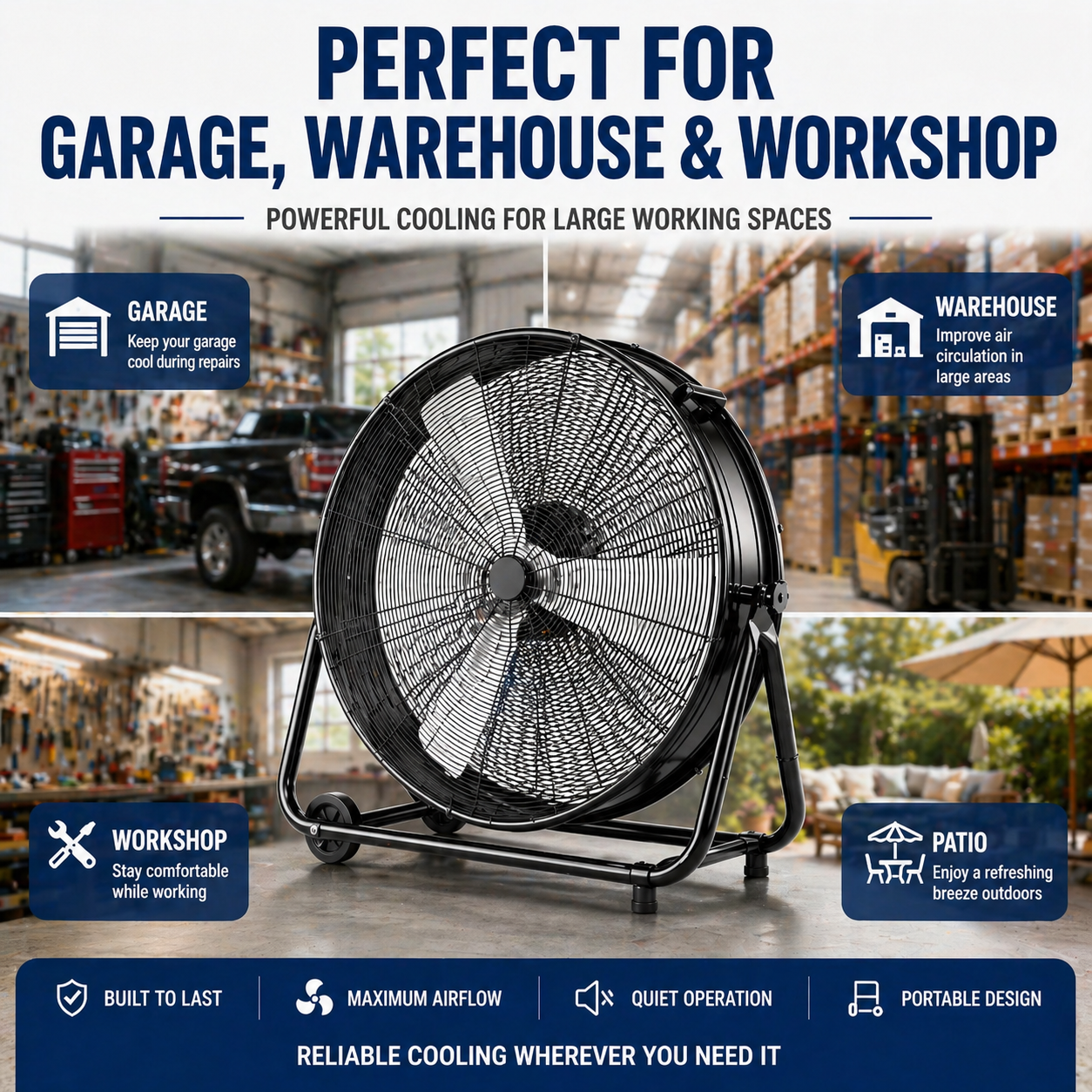 36" Industrial Drum Fan, 21800 Cfm High Velocity Floor Fan with 3 Speeds, 360° Tilt, Heavy Duty Metal, Portable with Wheels & Handle for Warehouse, Garage, Workshop, Patio
