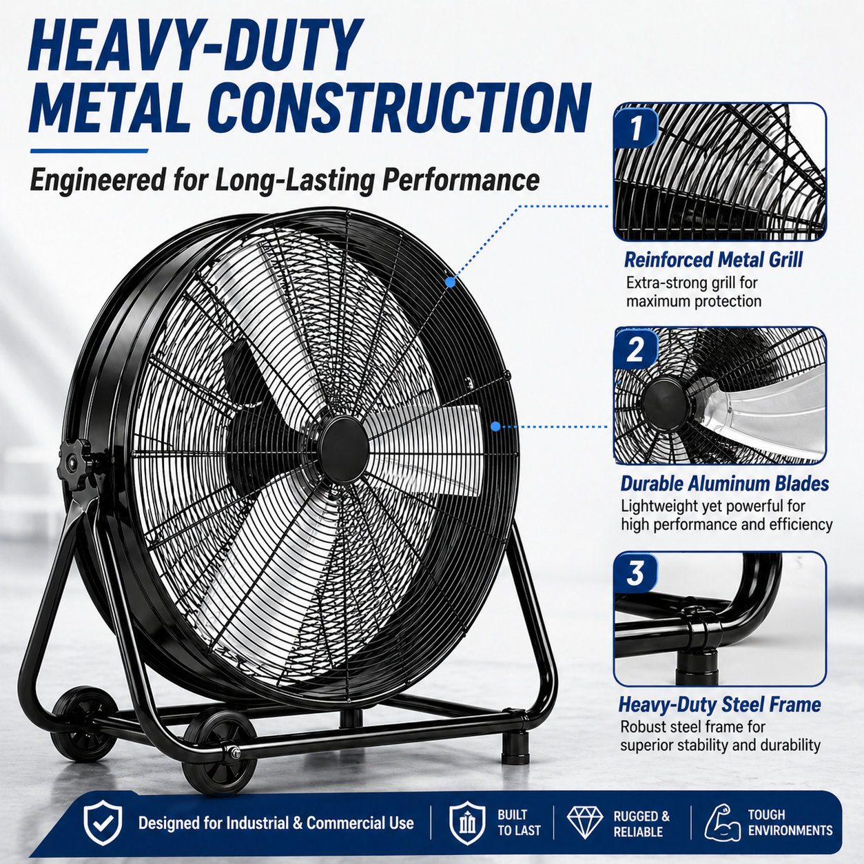 36" Industrial Drum Fan, 21800 Cfm High Velocity Floor Fan with 3 Speeds, 360° Tilt, Heavy Duty Metal, Portable with Wheels & Handle for Warehouse, Garage, Workshop, Patio