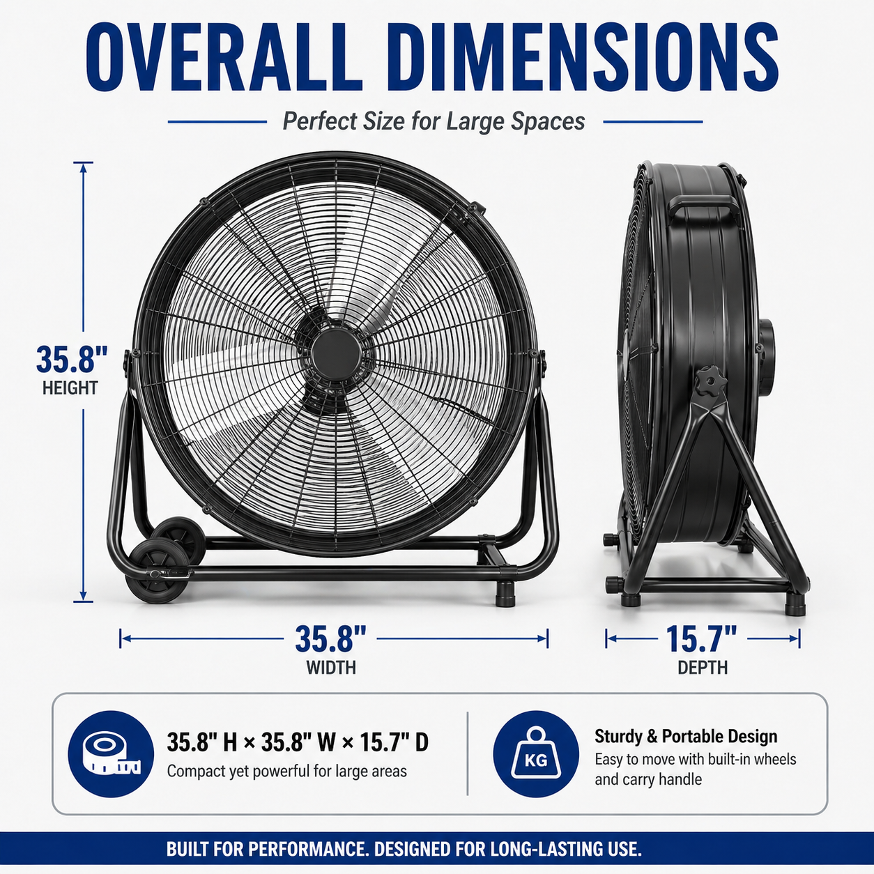36" Industrial Drum Fan, 21800 Cfm High Velocity Floor Fan with 3 Speeds, 360° Tilt, Heavy Duty Metal, Portable with Wheels & Handle for Warehouse, Garage, Workshop, Patio