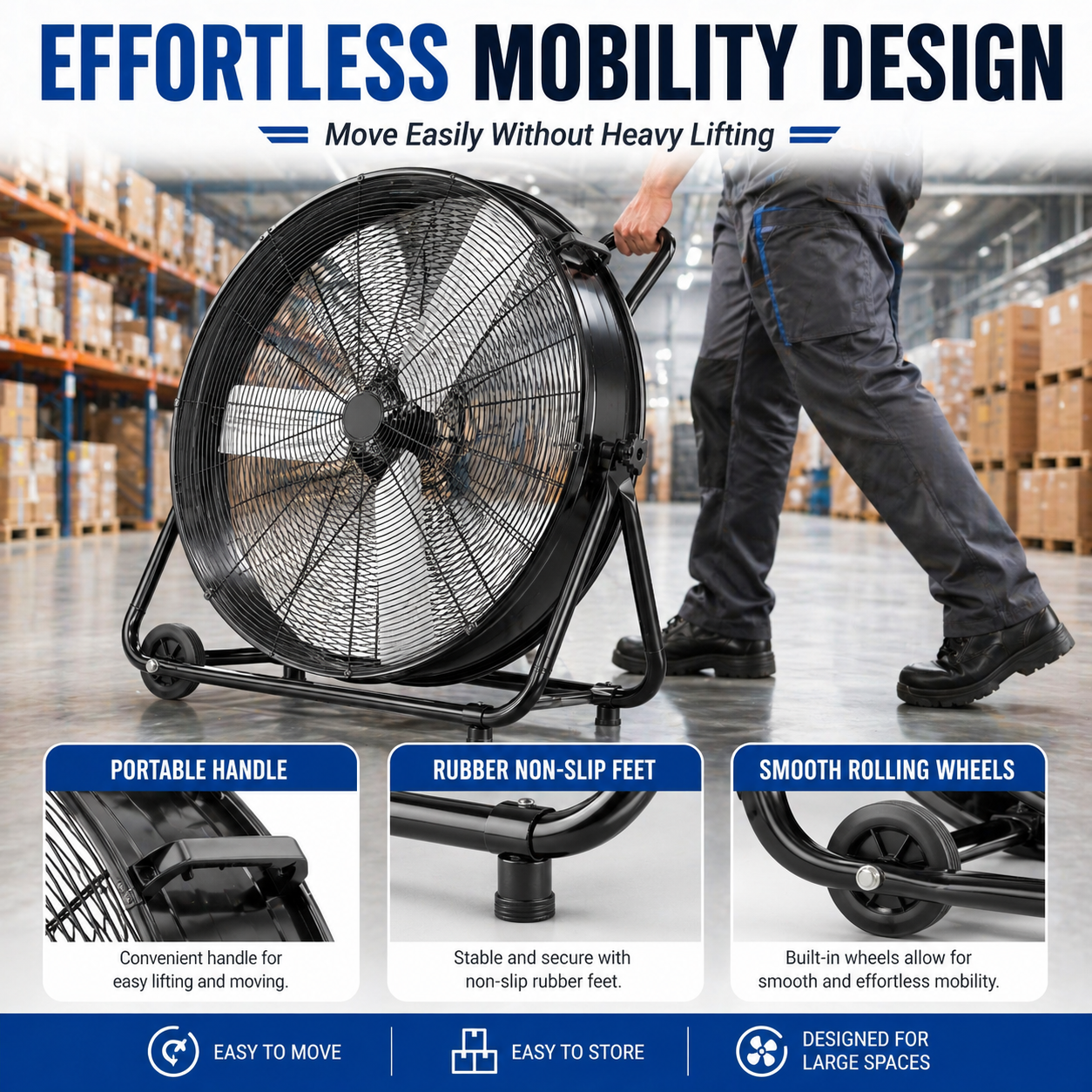 36" Industrial Drum Fan, 21800 Cfm High Velocity Floor Fan with 3 Speeds, 360° Tilt, Heavy Duty Metal, Portable with Wheels & Handle for Warehouse, Garage, Workshop, Patio