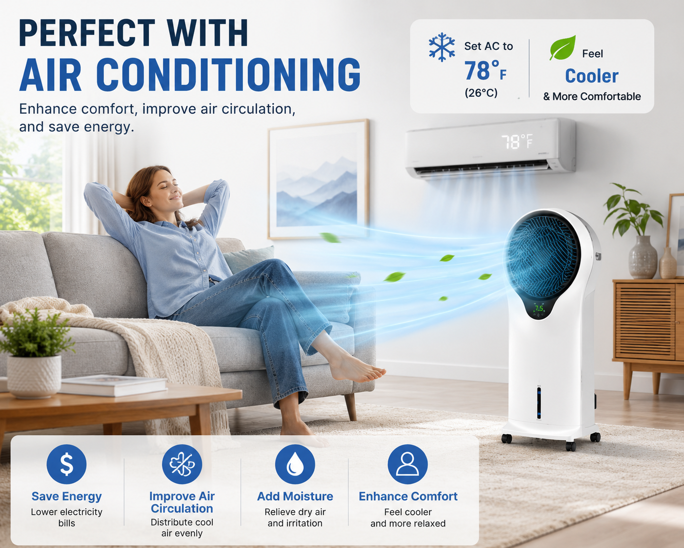3-in-1 Evaporative Air Cooler,  Portable Swamp Cooler with 360° Adjustable Airflow, 1.45 Gallon Water Tank, 2 Reusable Ice Packs, Remote Control, 3 Speeds & 3 Modes for Indoor use