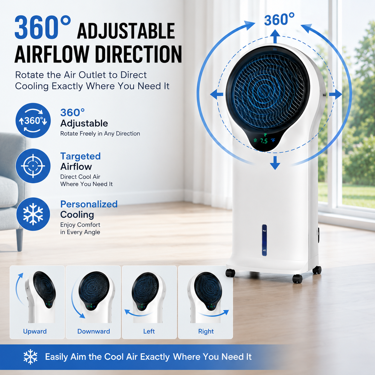 3-in-1 Evaporative Air Cooler,  Portable Swamp Cooler with 360° Adjustable Airflow, 1.45 Gallon Water Tank, 2 Reusable Ice Packs, Remote Control, 3 Speeds & 3 Modes for Indoor use
