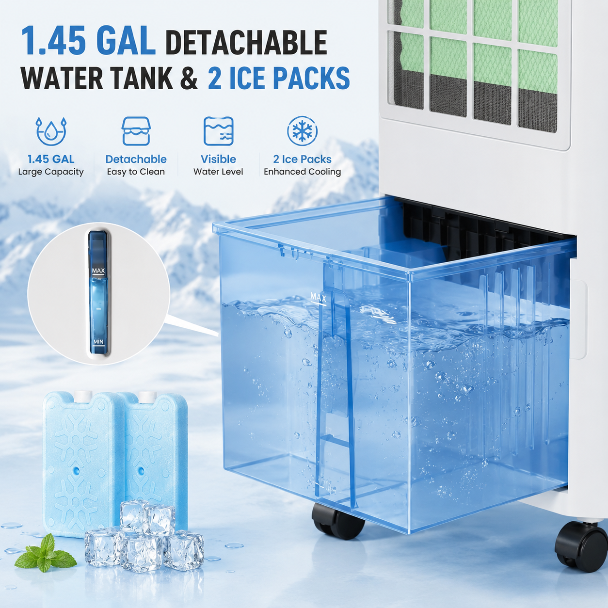 3-in-1 Evaporative Air Cooler,  Portable Swamp Cooler with 360° Adjustable Airflow, 1.45 Gallon Water Tank, 2 Reusable Ice Packs, Remote Control, 3 Speeds & 3 Modes for Indoor use