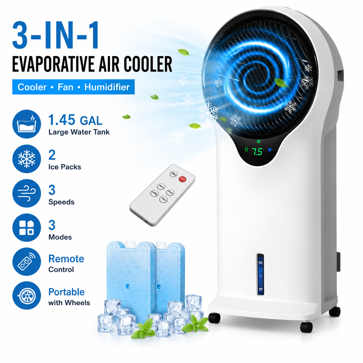 3-in-1 Evaporative Air Cooler,  Portable Swamp Cooler with 360° Adjustable Airflow, 1.45 Gallon Water Tank, 2 Reusable Ice Packs, Remote Control, 3 Speeds & 3 Modes for Indoor use