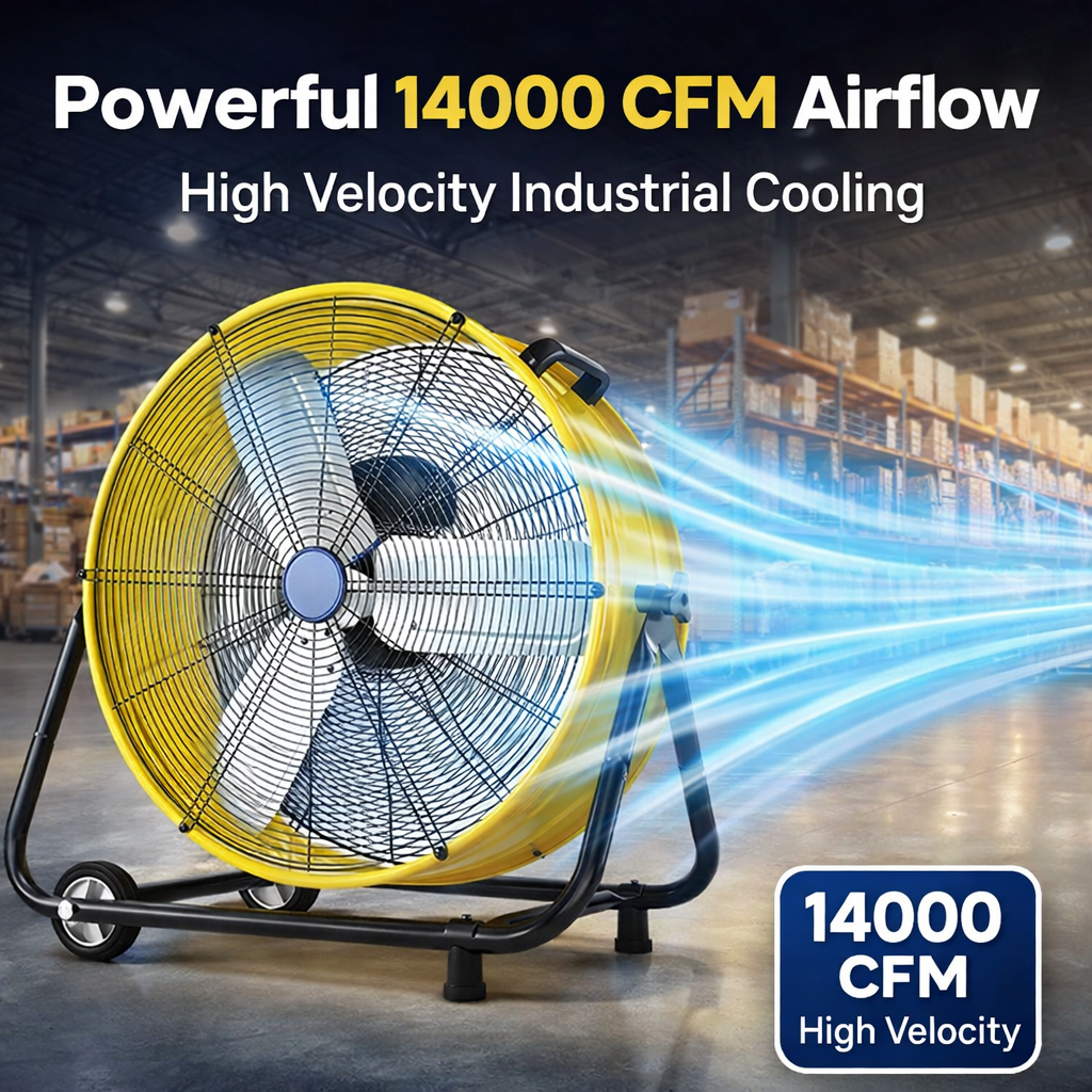 30 in Industrial Drum Fan, 14000 CFM High Velocity Heavy Duty Metal Floor Fan with 3 Speeds, 360° Tilt, Wheels & Handle for Warehouse, Garage, Workshop & Patio