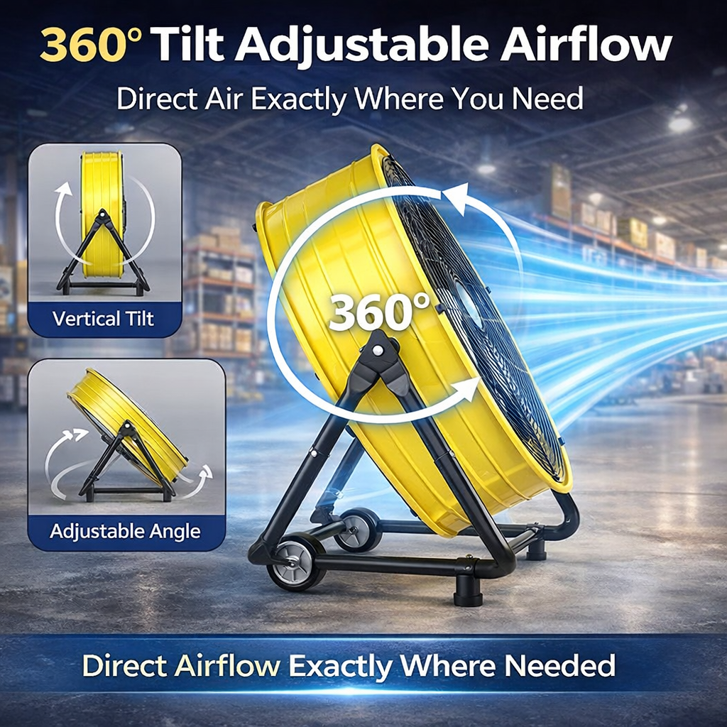 30 in Industrial Drum Fan, 14000 CFM High Velocity Heavy Duty Metal Floor Fan with 3 Speeds, 360° Tilt, Wheels & Handle for Warehouse, Garage, Workshop & Patio