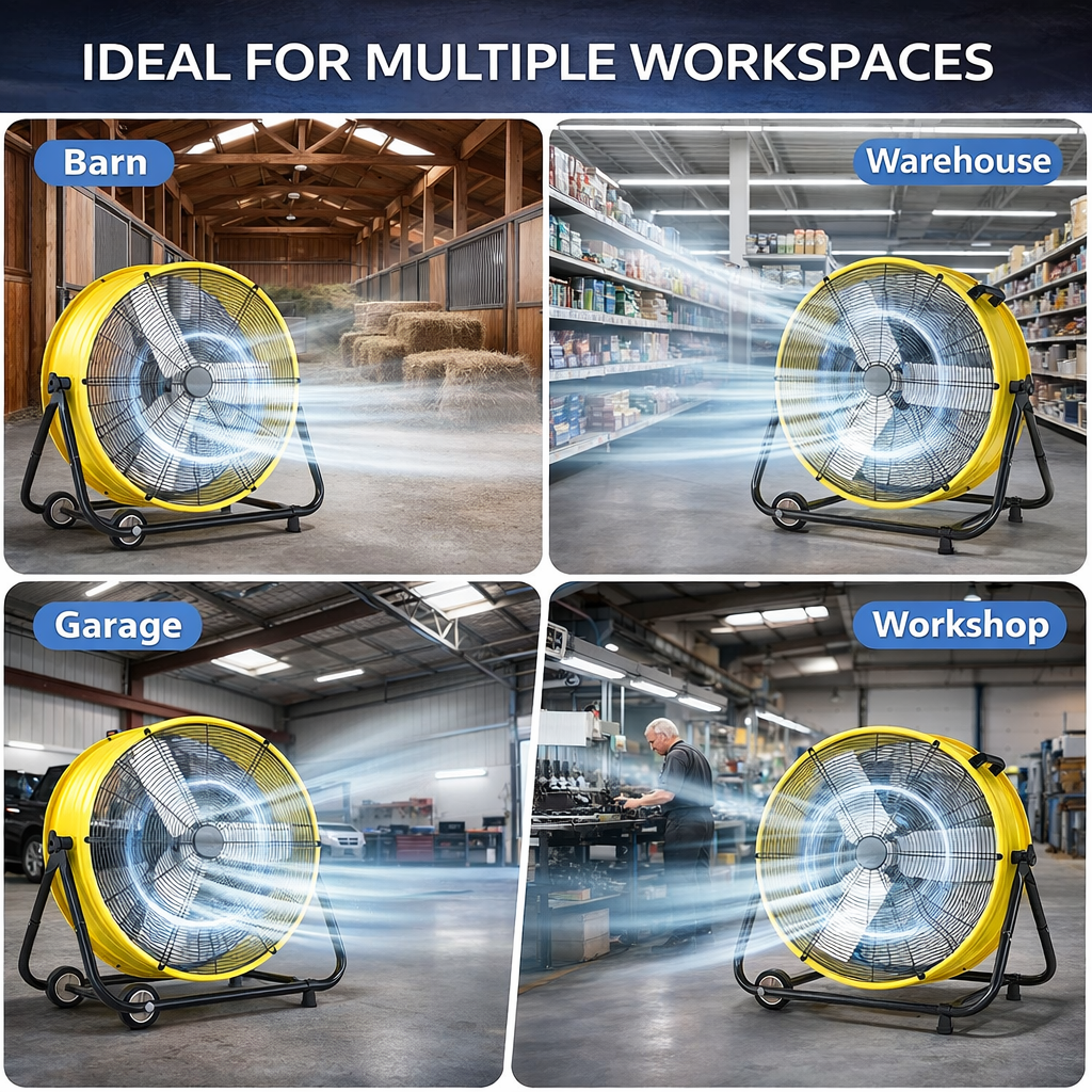 30 in Industrial Drum Fan, 14000 CFM High Velocity Heavy Duty Metal Floor Fan with 3 Speeds, 360° Tilt, Wheels & Handle for Warehouse, Garage, Workshop & Patio