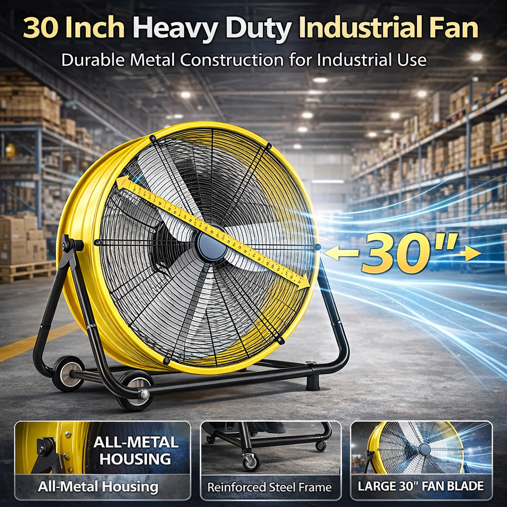 30 in Industrial Drum Fan, 14000 CFM High Velocity Heavy Duty Metal Floor Fan with 3 Speeds, 360° Tilt, Wheels & Handle for Warehouse, Garage, Workshop & Patio