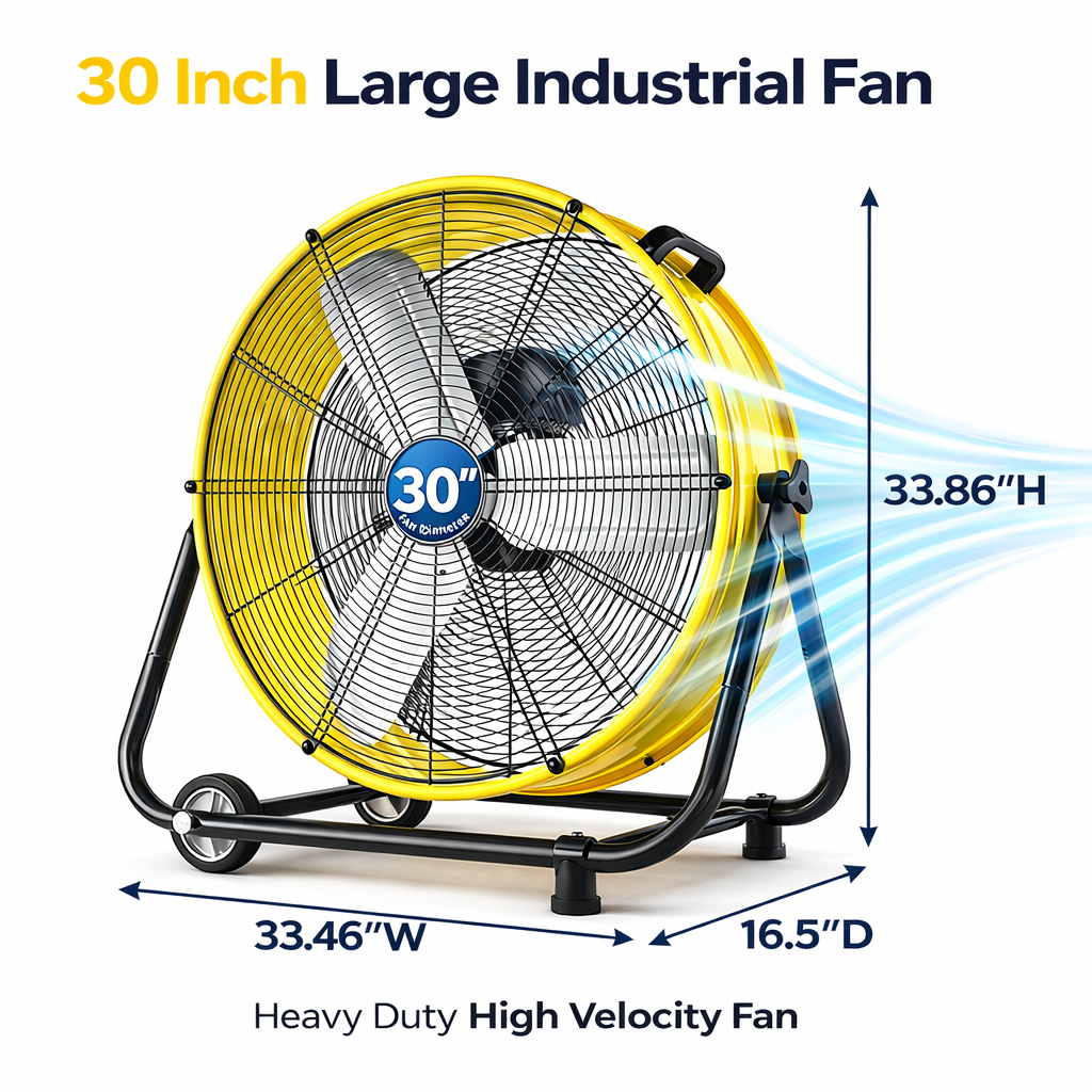 30 in Industrial Drum Fan, 14000 CFM High Velocity Heavy Duty Metal Floor Fan with 3 Speeds, 360° Tilt, Wheels & Handle for Warehouse, Garage, Workshop & Patio