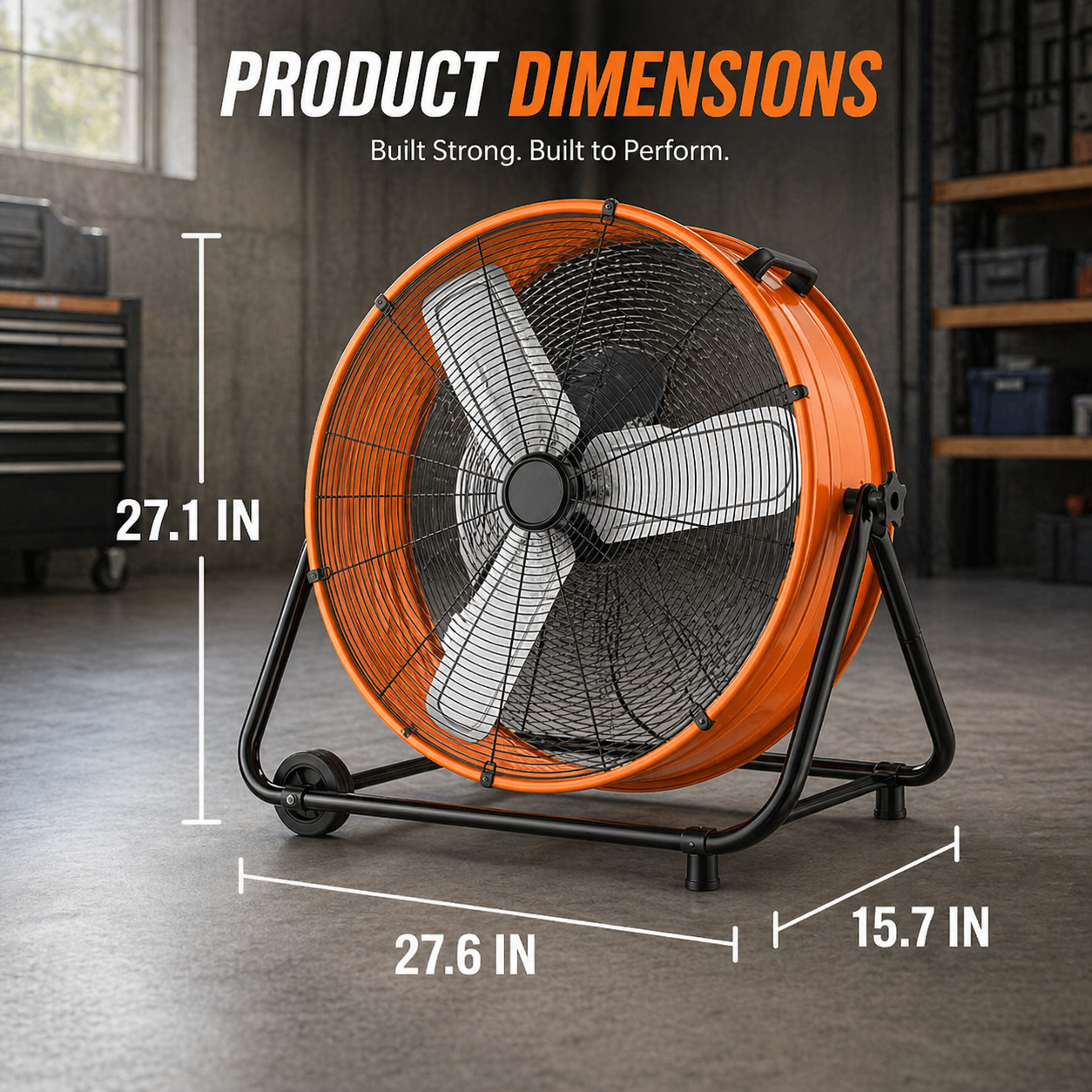24 Inch Industrial Drum Fan, 8900CFM High Velocity Metal Air Circulator, 3-Speed Heavy Duty Floor Fan with Adjustable Tilt, Wheels & Handle for Garage, Warehouse, Workshop