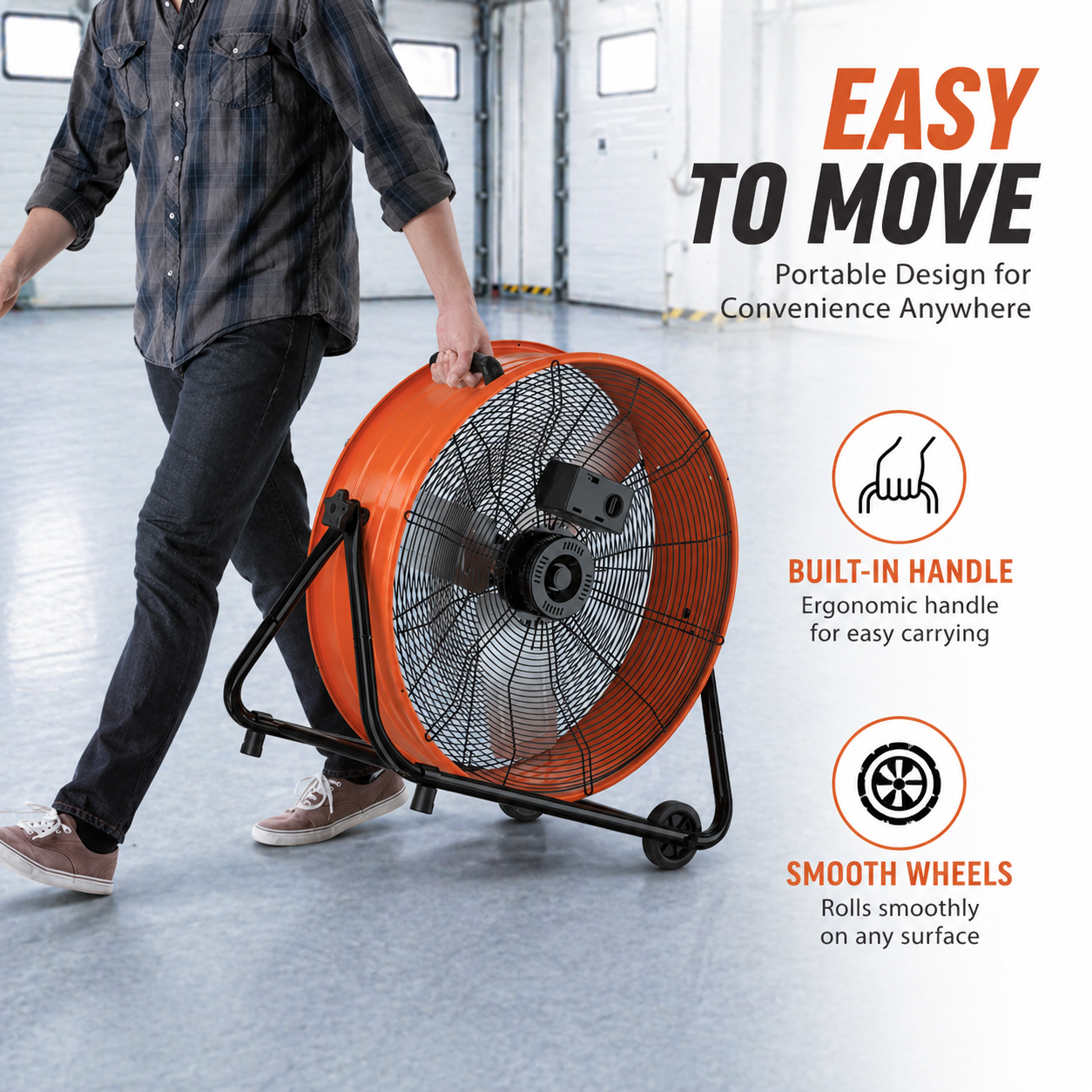 24 Inch Industrial Drum Fan, 8900CFM High Velocity Metal Air Circulator, 3-Speed Heavy Duty Floor Fan with Adjustable Tilt, Wheels & Handle for Garage, Warehouse, Workshop