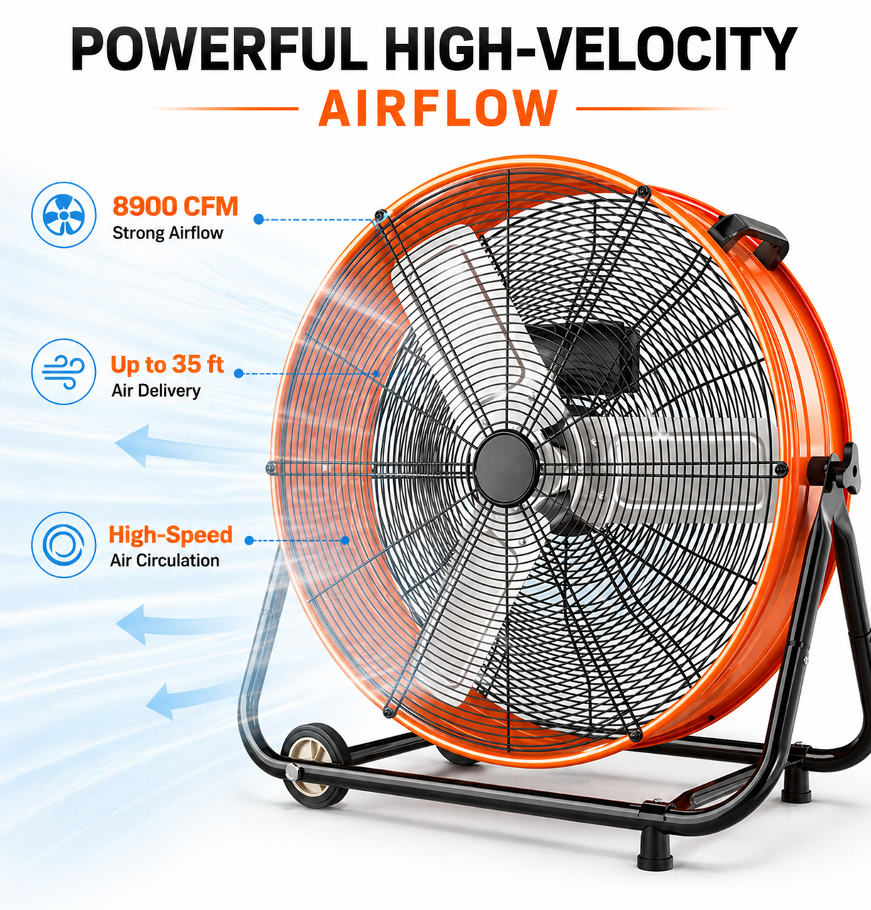24 Inch Industrial Drum Fan, 8900CFM High Velocity Metal Air Circulator, 3-Speed Heavy Duty Floor Fan with Adjustable Tilt, Wheels & Handle for Garage, Warehouse, Workshop