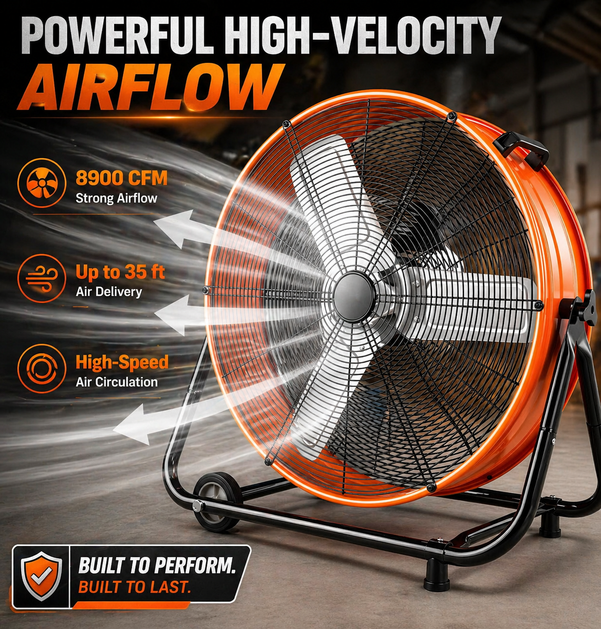 24 Inch Industrial Drum Fan, 8900CFM High Velocity Metal Air Circulator, 3-Speed Heavy Duty Floor Fan with Adjustable Tilt, Wheels & Handle for Garage, Warehouse, Workshop