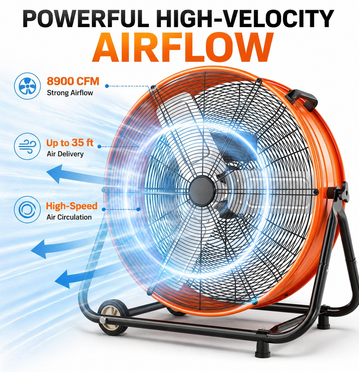 24 Inch Industrial Drum Fan, 8900CFM High Velocity Metal Air Circulator, 3-Speed Heavy Duty Floor Fan with Adjustable Tilt, Wheels & Handle for Garage, Warehouse, Workshop