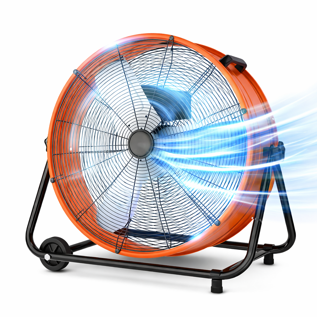 24 Inch Industrial Drum Fan, 8900CFM High Velocity Metal Air Circulator, 3-Speed Heavy Duty Floor Fan with Adjustable Tilt, Wheels & Handle for Garage, Warehouse, Workshop