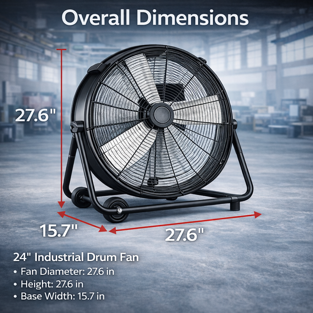 24" High Velocity Industrial Drum Fan, 8900CFM Heavy Duty Metal Floor Fan with 3 Speeds, Adjustable Tilt & Wheels, Large Air Circulator for Garage Warehouse Workshop