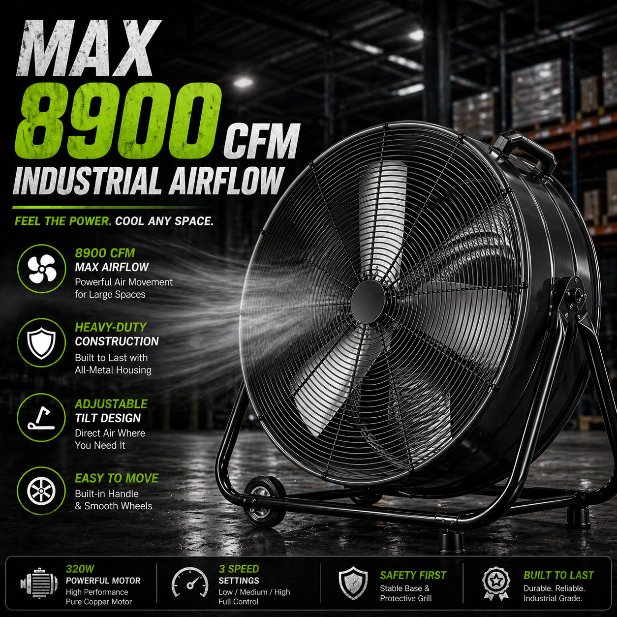 24" High Velocity Industrial Drum Fan, 8900CFM Heavy Duty Metal Floor Fan with 3 Speeds, Adjustable Tilt & Wheels, Large Air Circulator for Garage Warehouse Workshop
