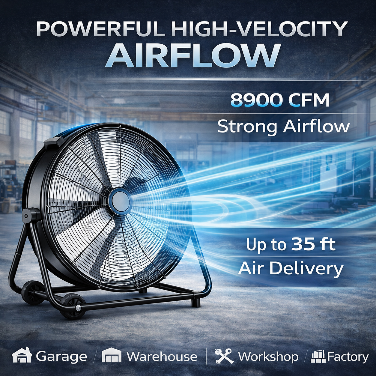 24" High Velocity Industrial Drum Fan, 8900CFM Heavy Duty Metal Floor Fan with 3 Speeds, Adjustable Tilt & Wheels, Large Air Circulator for Garage Warehouse Workshop