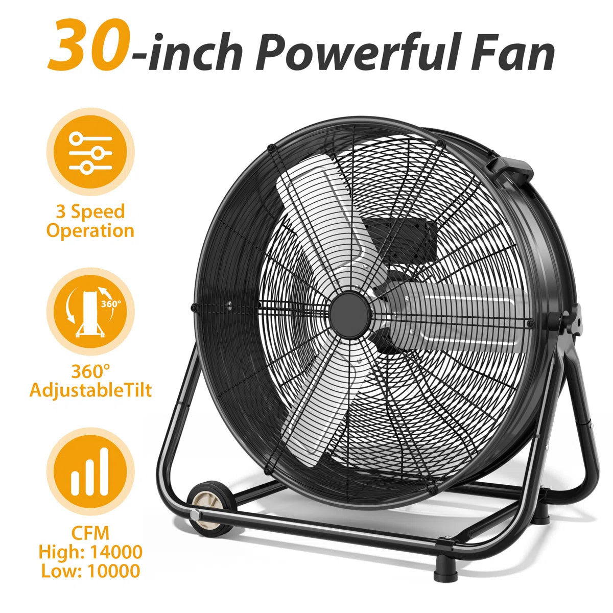 30 inch Industrial Drum Fan, 14000 CFM Heavy Duty Metal Shop Fan with 3 Speeds, 360° Adjustable Tilt, Wheels & Handle, High Velocity Floor Fan for Warehouse, Garage, Workshop, Factory