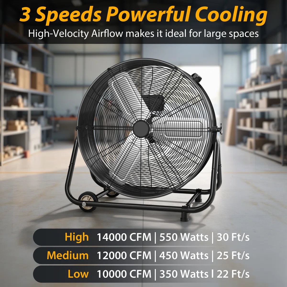 30 inch Industrial Drum Fan, 14000 CFM Heavy Duty Metal Shop Fan with 3 Speeds, 360° Adjustable Tilt, Wheels & Handle, High Velocity Floor Fan for Warehouse, Garage, Workshop, Factory