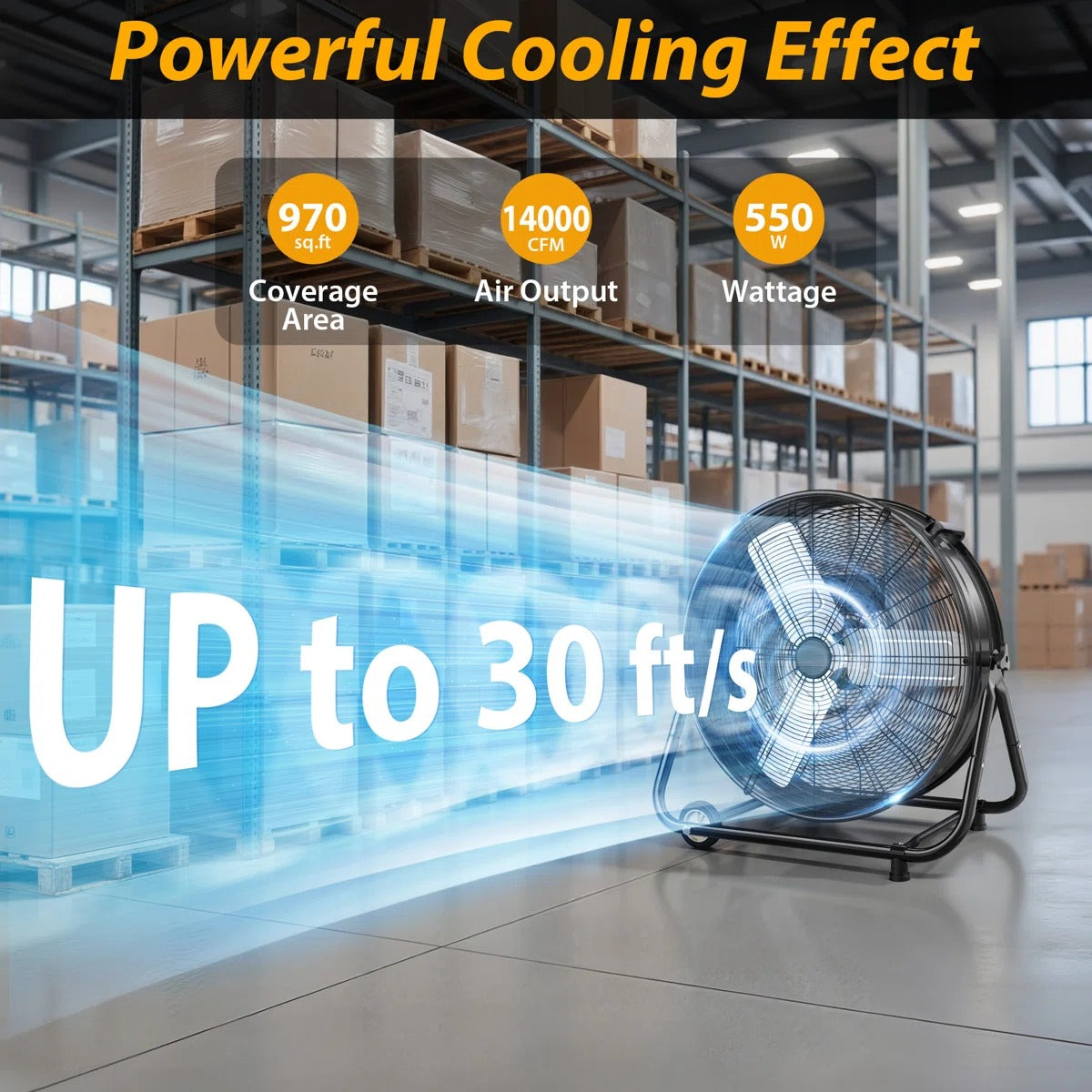 30 inch Industrial Drum Fan, 14000 CFM Heavy Duty Metal Shop Fan with 3 Speeds, 360° Adjustable Tilt, Wheels & Handle, High Velocity Floor Fan for Warehouse, Garage, Workshop, Factory