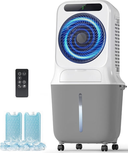 Evaporative Air Cooler, 6.6 Gal Portable Swamp Cooler for Indoor Use, 3-in-1 Cooling Fan & Humidifier with Remote, 3 Speeds, 3 Modes, 360° Oscillation, Washable Filter, Wheels