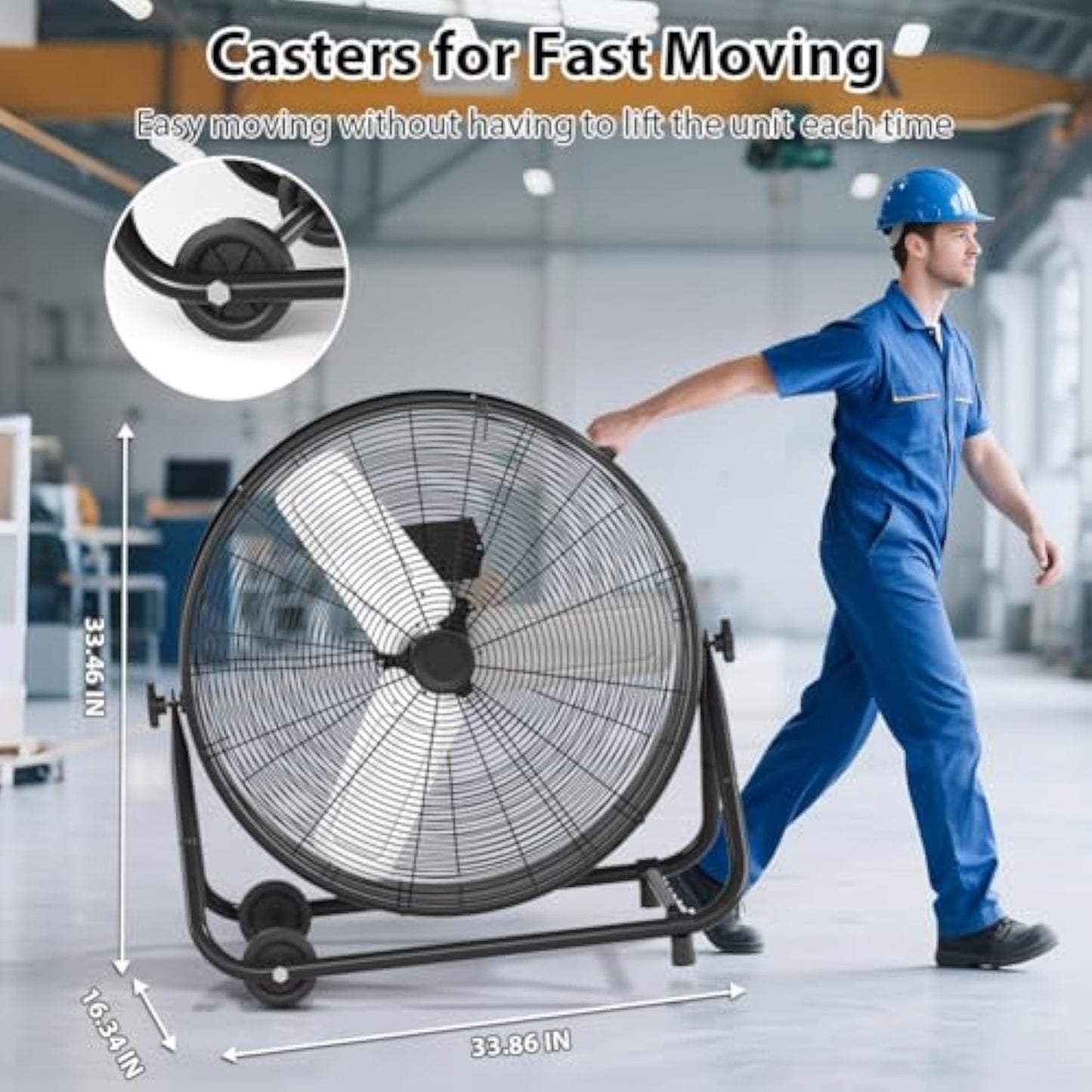 24" High Velocity Industrial Drum Fan, 8900CFM Heavy Duty Metal Floor Fan with 3 Speeds, Adjustable Tilt & Wheels, Large Air Circulator for Garage Warehouse Workshop